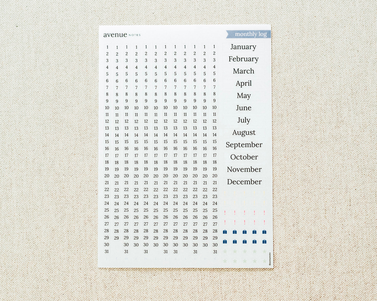 monthly log -at a glance dates