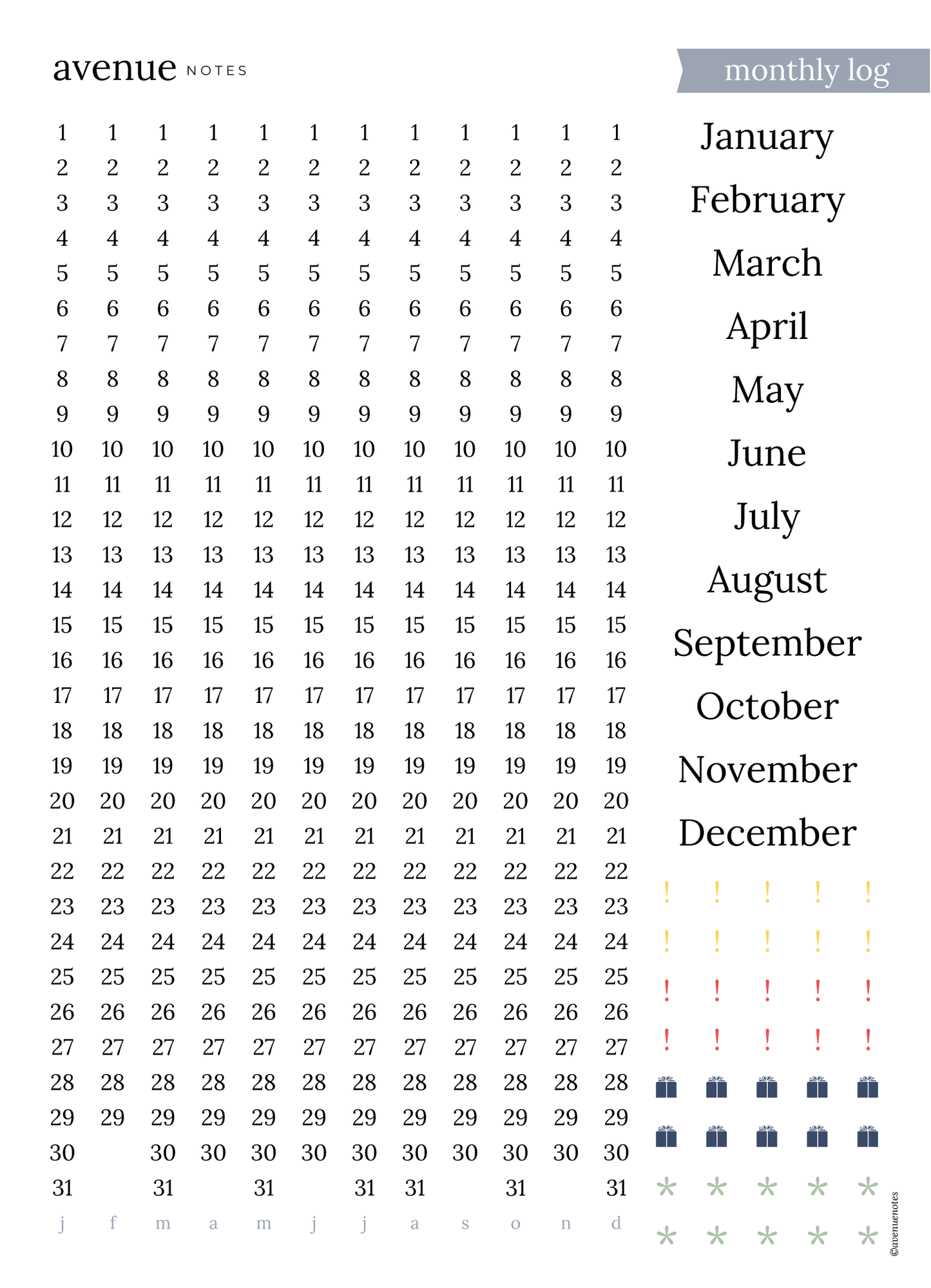 monthly log -at a glance dates