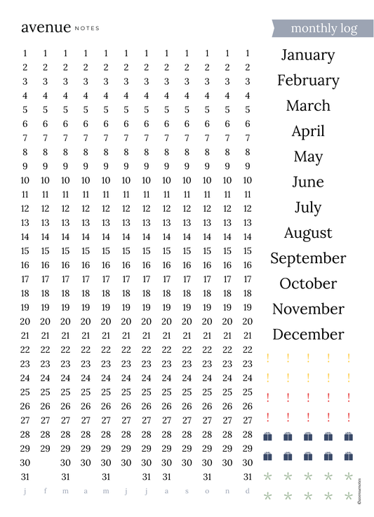 monthly log -at a glance dates